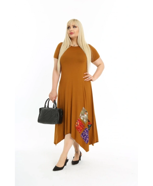 Kadın Büyük Beden Yamalı Bisiklet Yaka Kısa Kollu Elbise