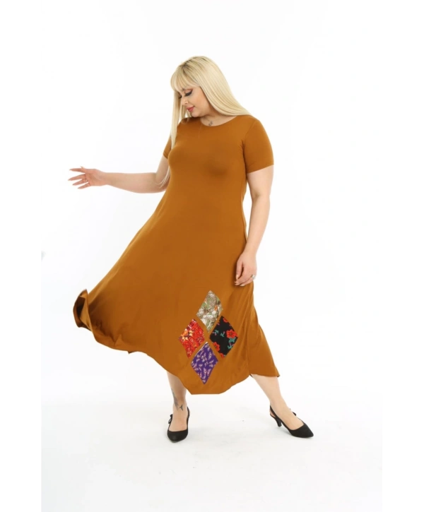 Kadın Büyük Beden Yamalı Bisiklet Yaka Kısa Kollu Elbise