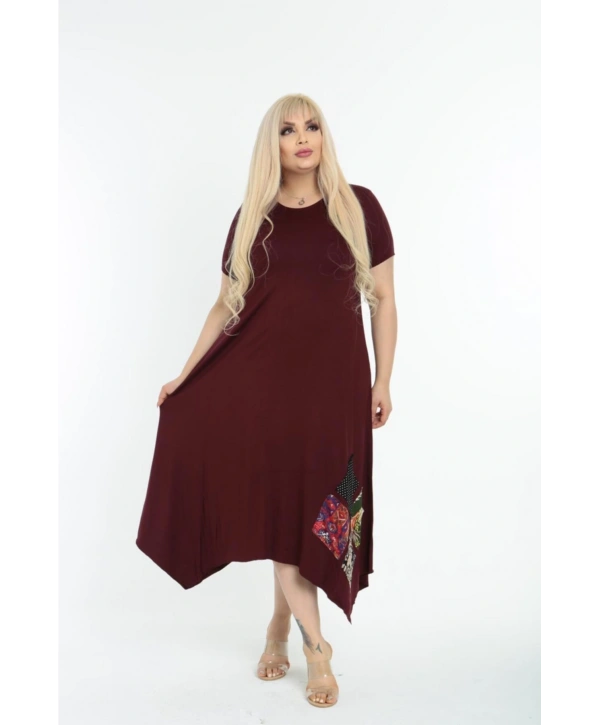 Kadın Büyük Beden Yamalı Bisiklet Yaka Kısa Kollu Bordo Elbise
