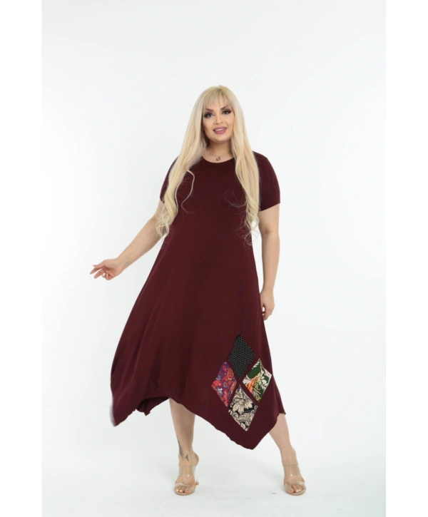 Kadın Büyük Beden Yamalı Bisiklet Yaka Kısa Kollu Bordo Elbise