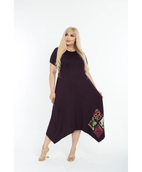 Kadın Büyük Beden Yamalı Bisiklet Yaka Kısa Kollu Mürdüm Elbise