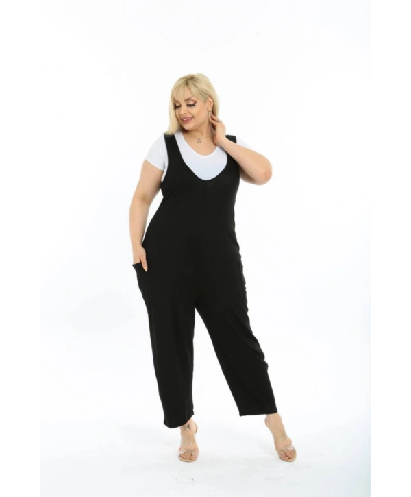 Kadın Büyük Beden Salopet Yaka Siyah Tulum