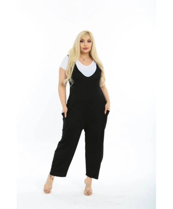 Kadın Büyük Beden Salopet Yaka Siyah Tulum