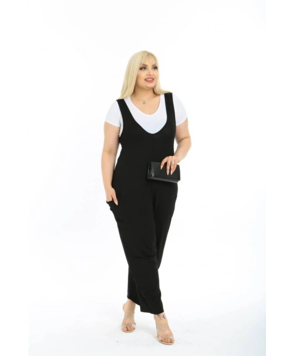 Kadın Büyük Beden Salopet Yaka Siyah Tulum