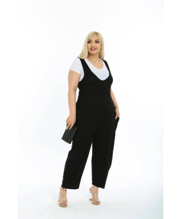 Kadın Büyük Beden Salopet Yaka Siyah Tulum