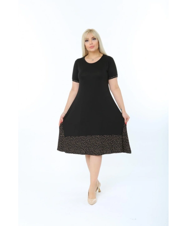 Kadın Siyah Büyük Beden Eteği Puantiyeli Kısa Kol Elbise