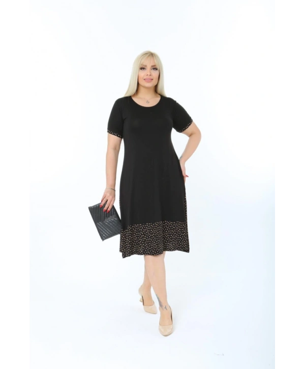 Kadın Siyah Büyük Beden Eteği Puantiyeli Kısa Kol Elbise