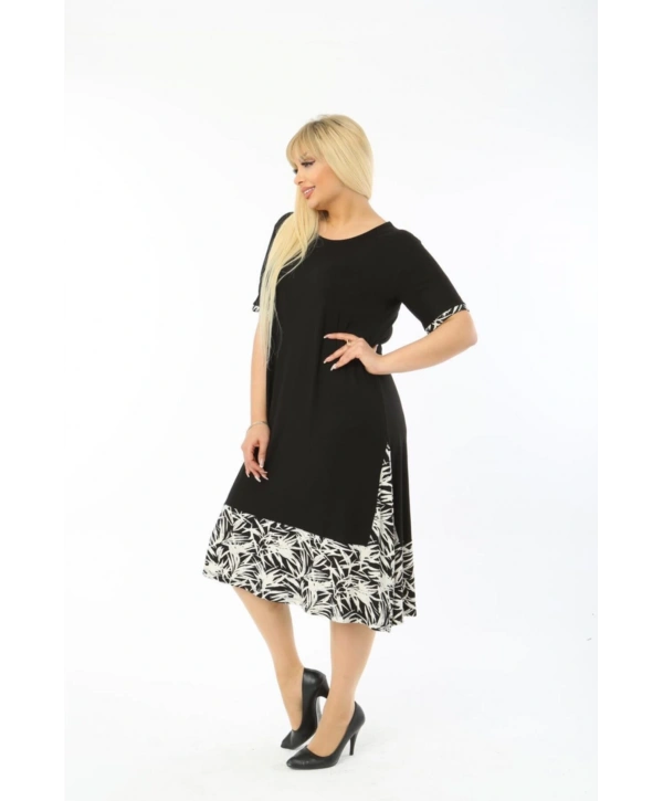 Kadın Siyah Büyük Beden Eteği Yaprak Desenli Kısa Kol Elbise