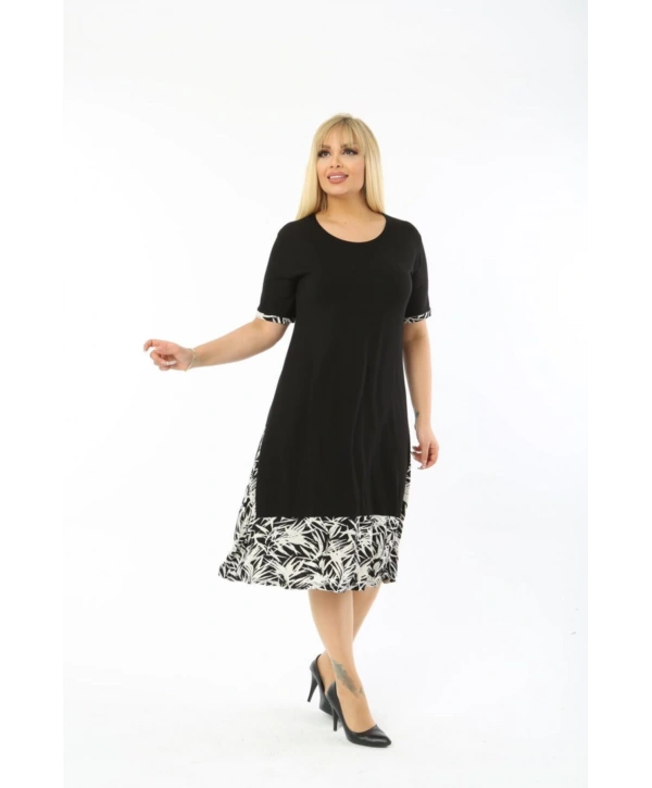 Kadın Siyah Büyük Beden Eteği Yaprak Desenli Kısa Kol Elbise