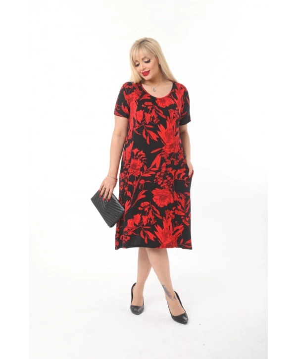 Büyük Beden Kırmızı Çiçek Desenli Siyah Kısa Kol Elbise