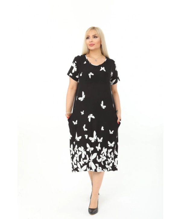 Büyük Beden Siyah Kelebek Desenli Kısa Kol Elbise