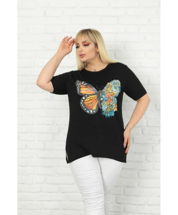 Kadın Büyük Beden Siyah Kelebek Desenli T-shirt