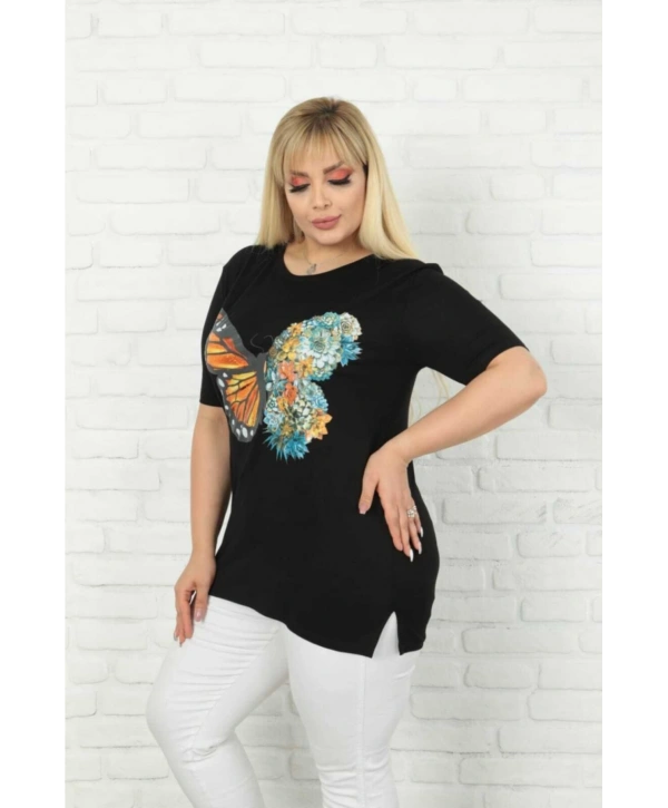 Kadın Büyük Beden Siyah Kelebek Desenli T-shirt