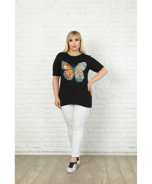 Kadın Büyük Beden Siyah Kelebek Desenli T-shirt