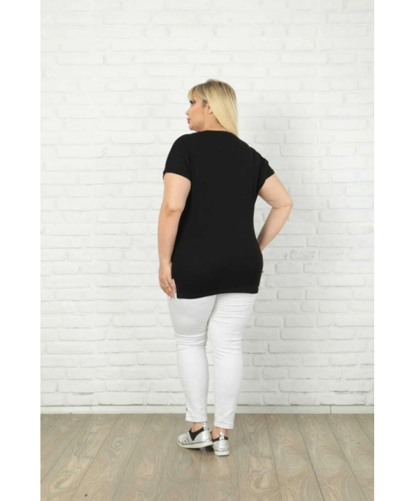 Kadın Büyük Beden Siyah Kelebek Desenli T-shirt