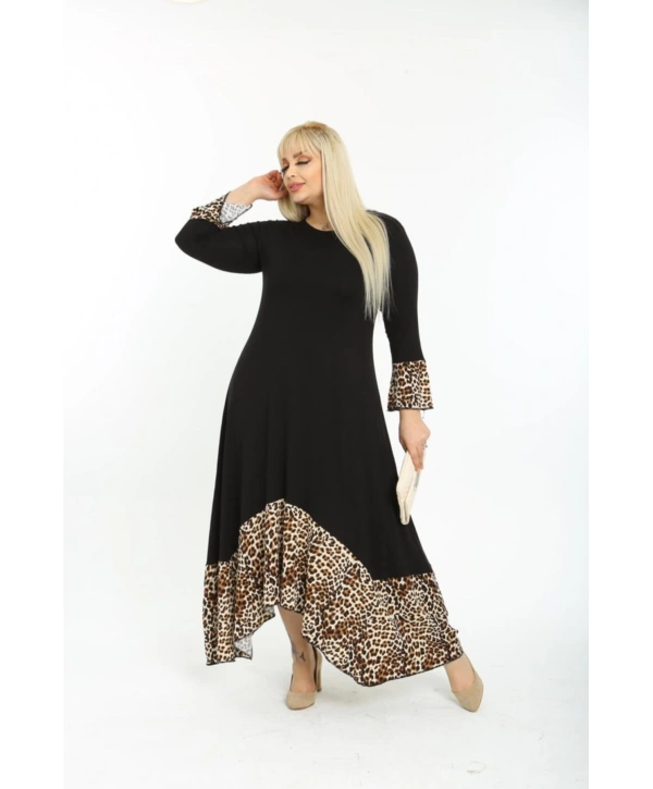 Kadın Siyah Leopar Desenli Büyük Beden Elbise 11elb974