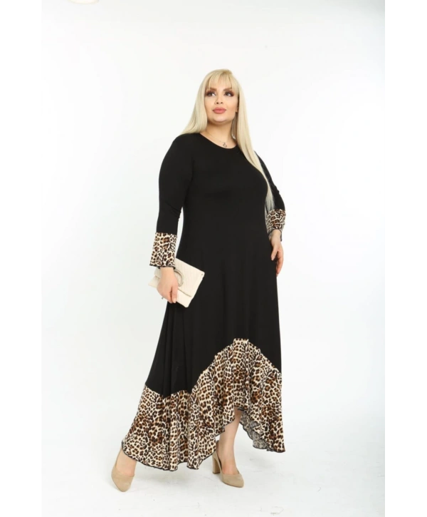Kadın Siyah Leopar Desenli Büyük Beden Elbise 11elb974