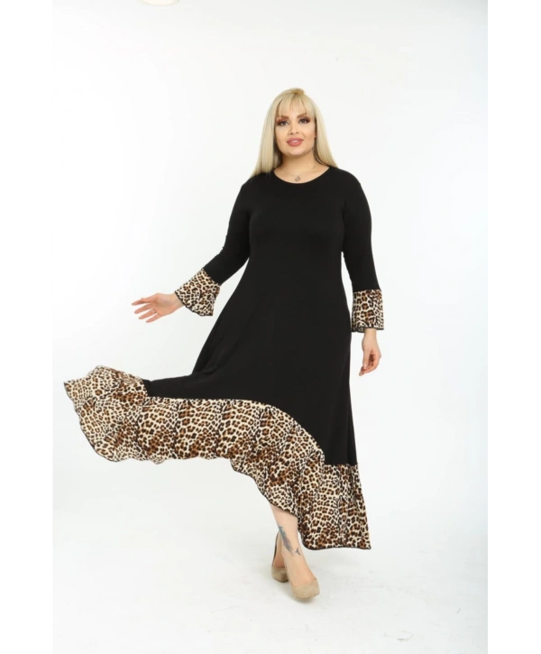 Kadın Siyah Leopar Desenli Büyük Beden Elbise 11elb974