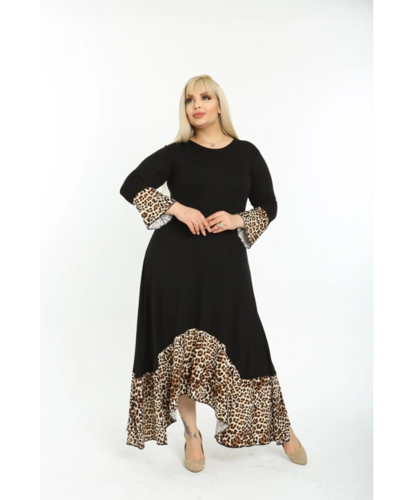 Kadın Siyah Leopar Desenli Büyük Beden Elbise 11elb974