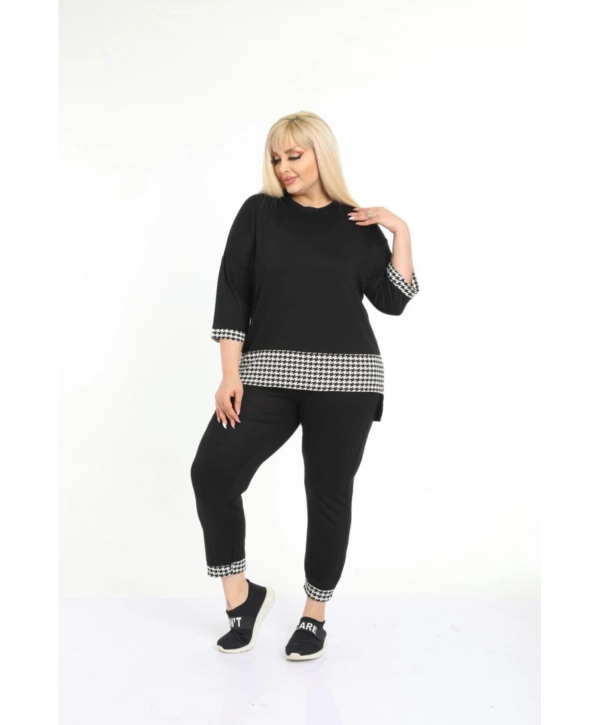 Kadın Büyük Beden Siyah Kazayağı Desenli Kapri Eşofman Takım 11tkm250