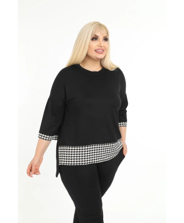 Kadın Büyük Beden Siyah Kazayağı Desenli Kapri Eşofman Takım 11tkm250