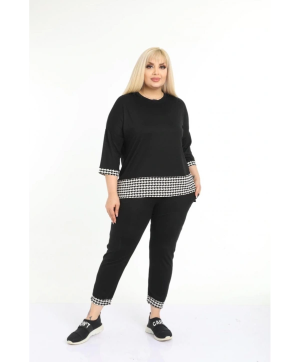 Kadın Büyük Beden Siyah Kazayağı Desenli Kapri Eşofman Takım 11tkm250