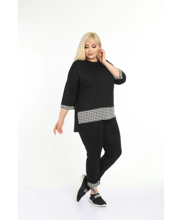 Kadın Büyük Beden Siyah Kazayağı Desenli Kapri Eşofman Takım 11tkm250