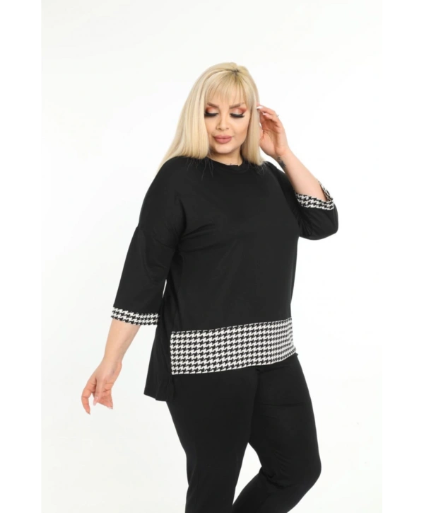 Kadın Büyük Beden Siyah Kazayağı Desenli Kapri Eşofman Takım 11tkm250