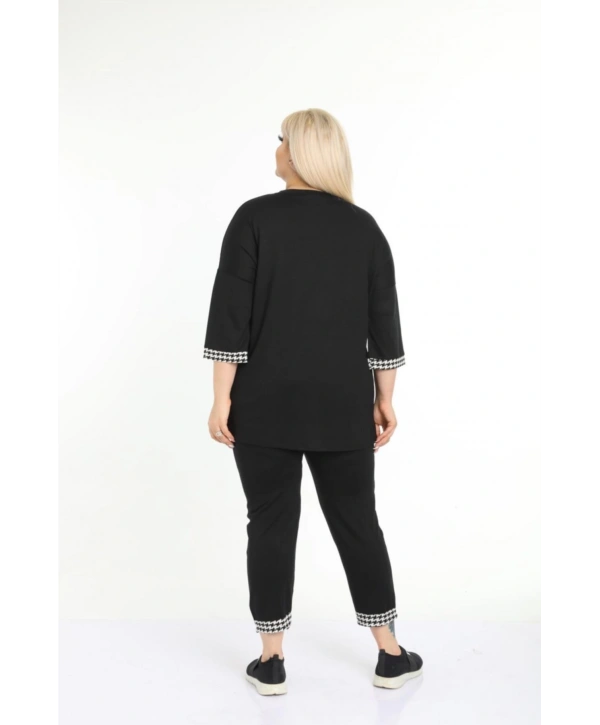 Kadın Büyük Beden Siyah Kazayağı Desenli Kapri Eşofman Takım 11tkm250