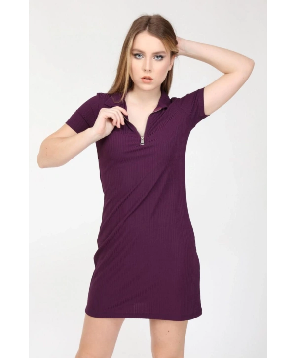 Kadın Mor Fermuarlı Polo Yaka Kısa Kollu Midi Elbise 19elb318