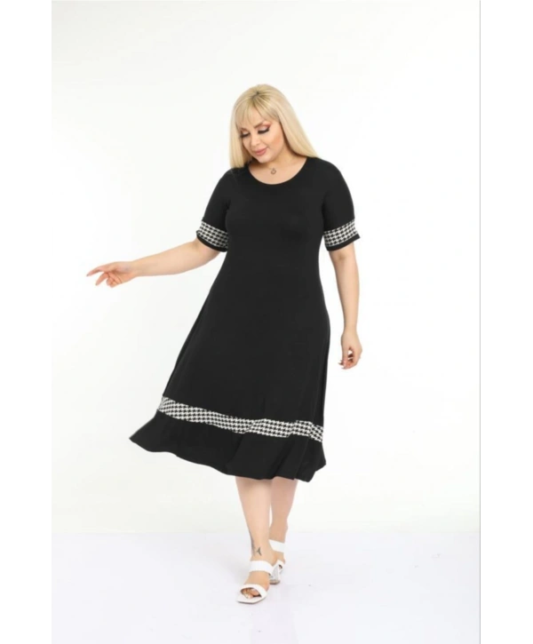 Kadın Siyah Büyük Beden Kol ve Etek Ucu Kazayağı Desenli Elbise