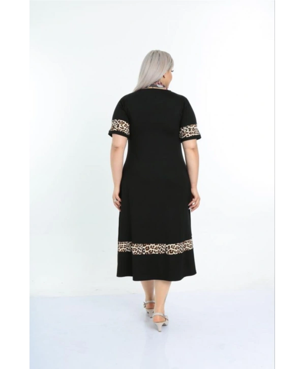 Kadın Siyah Kol ve Etek Ucu Leopar Desenli Büyük Beden Elbise