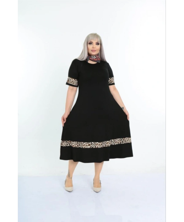 Kadın Siyah Kol ve Etek Ucu Leopar Desenli Büyük Beden Elbise