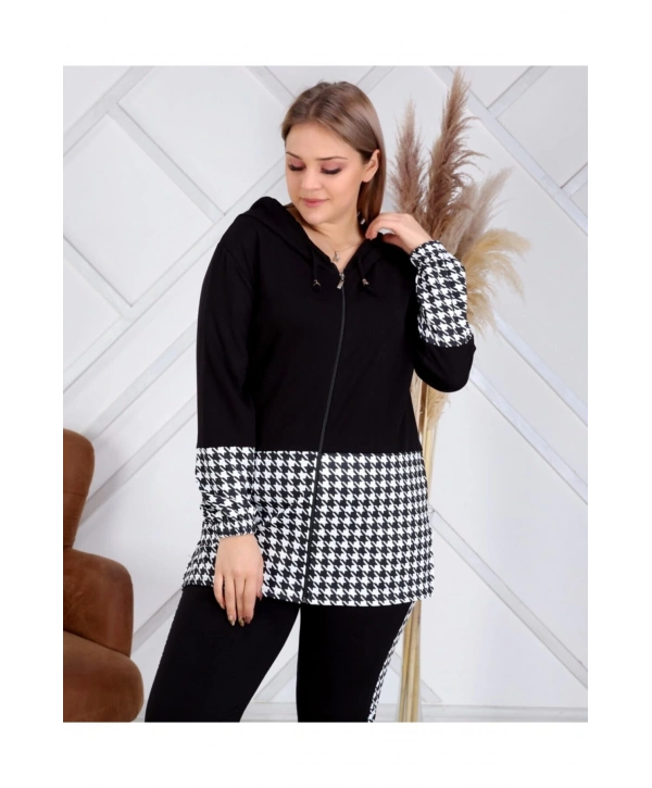 Kadın Siyah Kazayağı Desenli Büyük Beden Eşofman Takımı