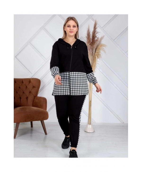 Kadın Siyah Kazayağı Desenli Büyük Beden Eşofman Takımı