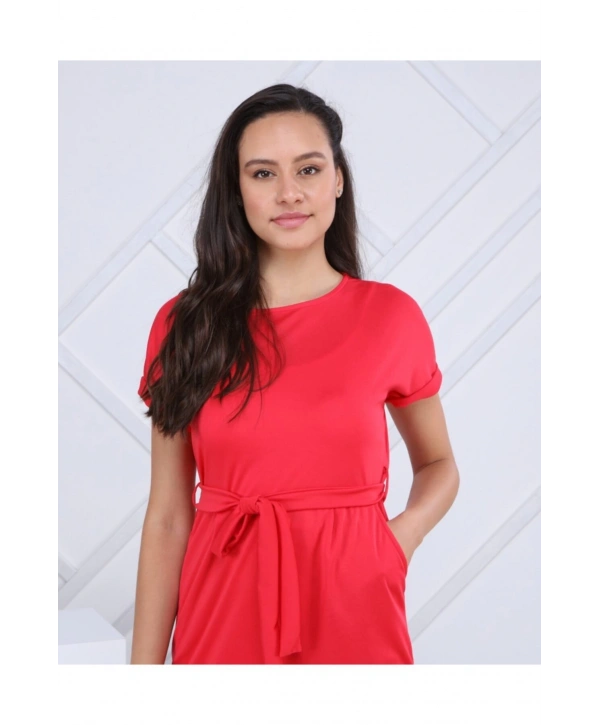 Kadın Kırmızı Kemerli Cepli Elbise La1007