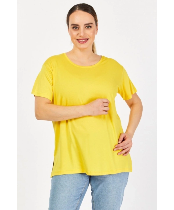 Büyük Beden Bisiklet Yaka Sarı Tişört