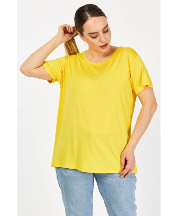 Büyük Beden Bisiklet Yaka Sarı Tişört