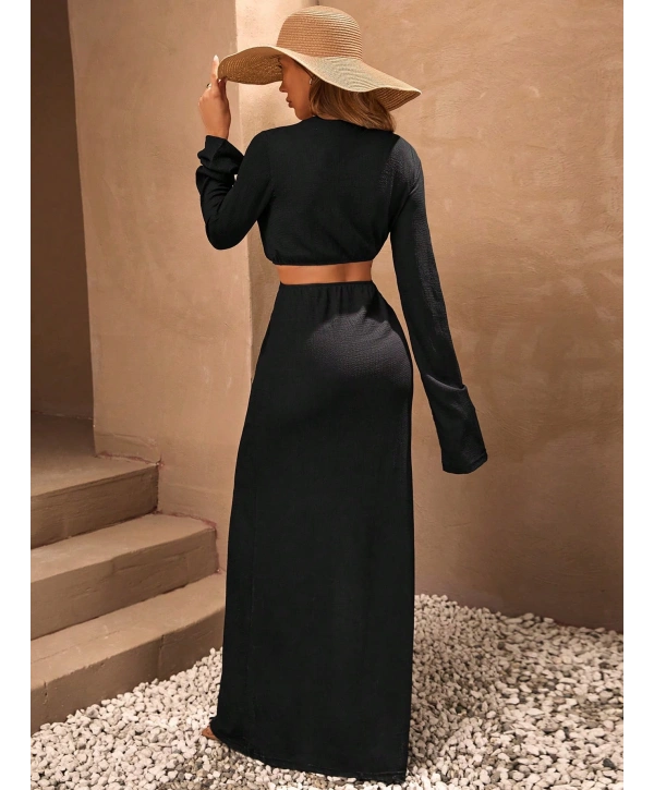 Kadın Siyah Bürümcük Kumaş Maxi Boy Yırtmaçlı Halka Detaylı Elbise