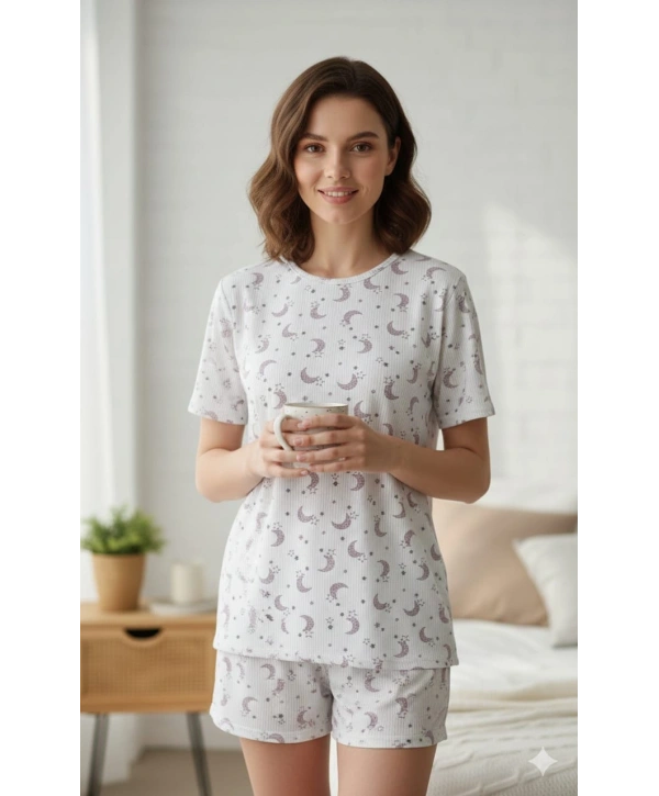 Kadın 3lü Kısa Kollu Yüksek Bel Bisiklet Yaka Üst Alt Şort Pijama Takım