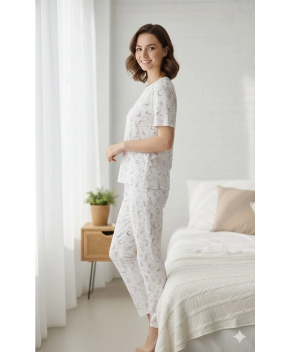 Kadın 3lü Kısa Kollu Yüksek Bel Bisiklet Yaka Üst Alt Şort Pijama Takım