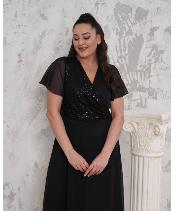 Kadın Büyük Beden Kruvaze Yaka Pul Detaylı Şifon Kısa Kollu Midi Abiye Elbise