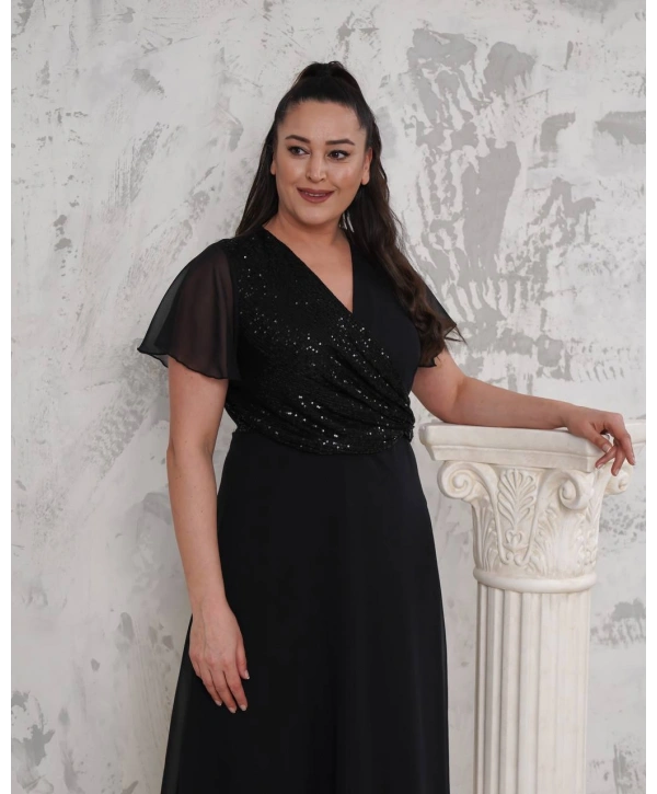 Kadın Büyük Beden Kruvaze Yaka Pul Detaylı Şifon Kısa Kollu Midi Abiye Elbise