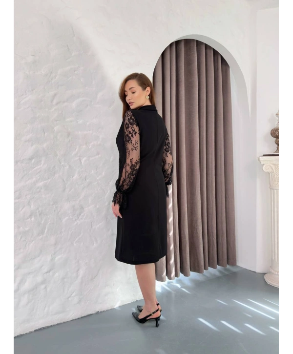 Kadın Büyük Beden Düğme Detaylı Dantel Kollu Midi Abiye Elbise