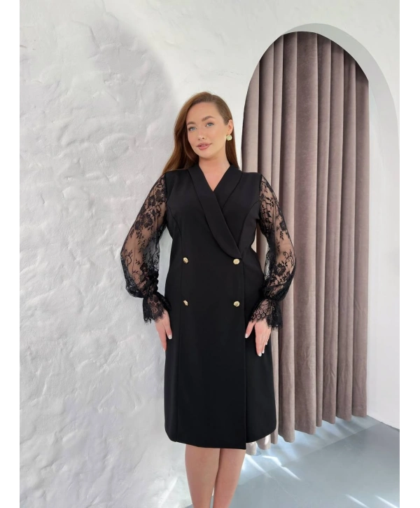 Kadın Büyük Beden Düğme Detaylı Dantel Kollu Midi Abiye Elbise