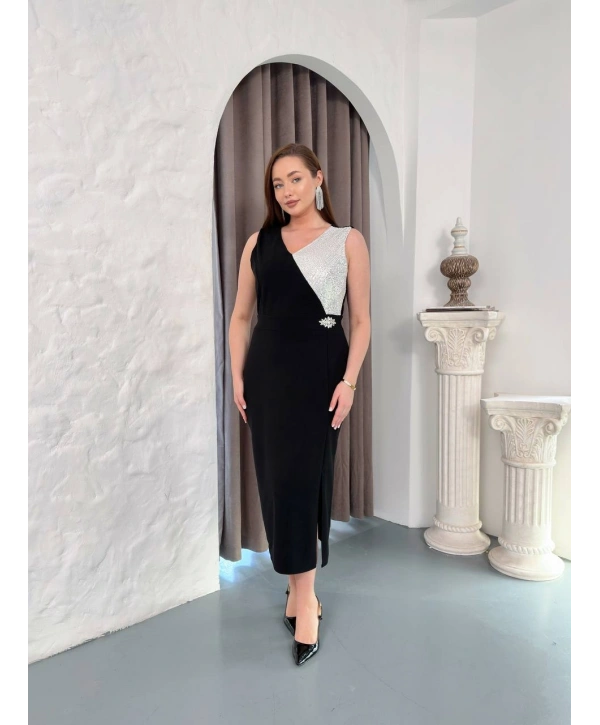 Kadın Büyük Beden Üst Detaylı Kolsuz Yırtmaçlı Abiye Elbise