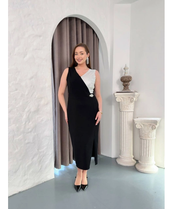 Kadın Büyük Beden Üst Detaylı Kolsuz Yırtmaçlı Abiye Elbise