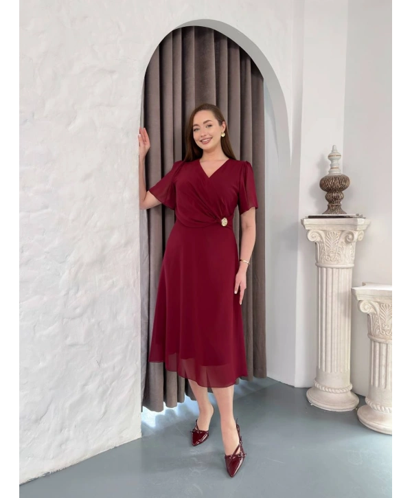 Kadın Büyük Beden Toka Detaylı Kruvaze Yaka Kısa Kollu Abiye Elbise