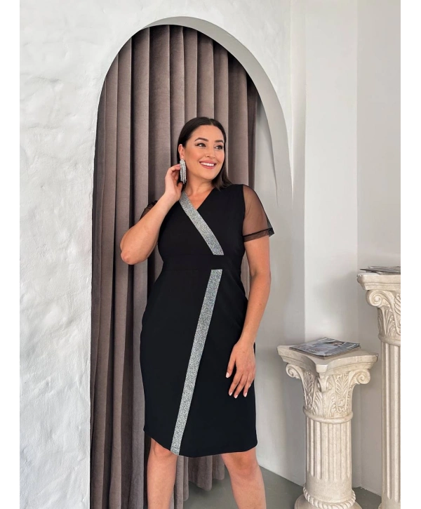 Büyük Beden Kruvaze Yaka Sim Detaylı Kısa Kol Tüllü Midi Boy Abiye Elbise