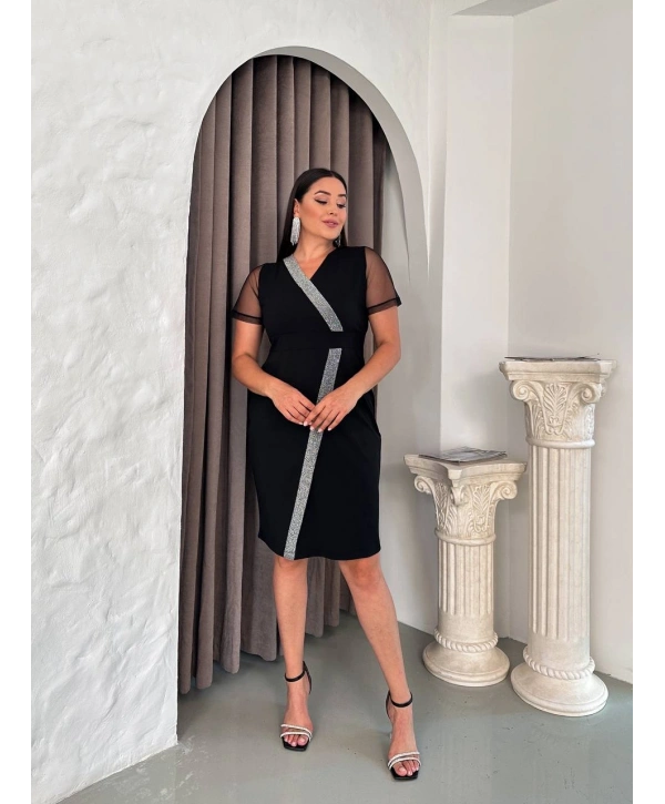 Büyük Beden Kruvaze Yaka Sim Detaylı Kısa Kol Tüllü Midi Boy Abiye Elbise